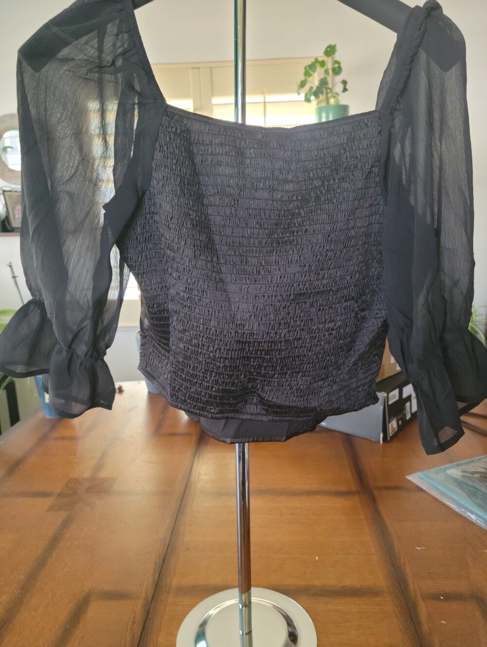 Hem & Thread Black Smocked Sheer Puff-Sleeve Cropped Top